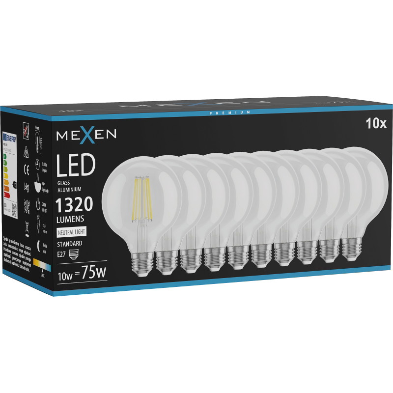 Mexen Vintis 10x LED-filamentlamp E27, G95, 10W, Neutraal - 4000K, 1320 lm, helder - L157-E27-1040-00x10