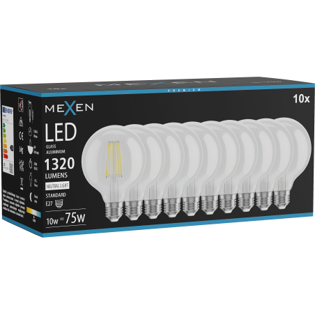 Mexen Vintis 10x lampadina a filamento LED E27, G95, 10W, Neutra - 4000K, 1320 lm, trasparente - L157-E27-1040-00x10