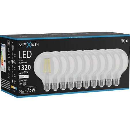 Mexen Vintis 10x LED kvēldiega spuldze E27, G95, 10W, Neitrāla - 4000K, 1320 lm, caurspīdīga - L157-E27-1040-00x10