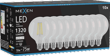 Mexen Vintis 10x LED kvēldiega spuldze E27, G95, 10W, Neitrāla - 4000K, 1320 lm, caurspīdīga - L157-E27-1040-00x10