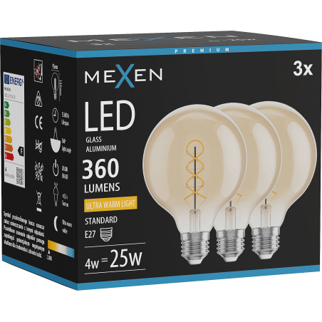 Mexen Vintis 3x LED filament spiraalbuis lamp E27, G95, 4W, Warm - 2200K, 360 lm, amber - L167-E27-0422-50x03