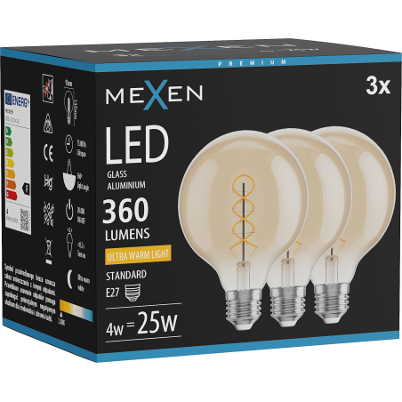 Mexen Vintis 3x Spuldze filamentu spirāle LED E27, G95, 4W, Silta - 2200K, 360 lm, dzintars - L167-E27-0422-50x03