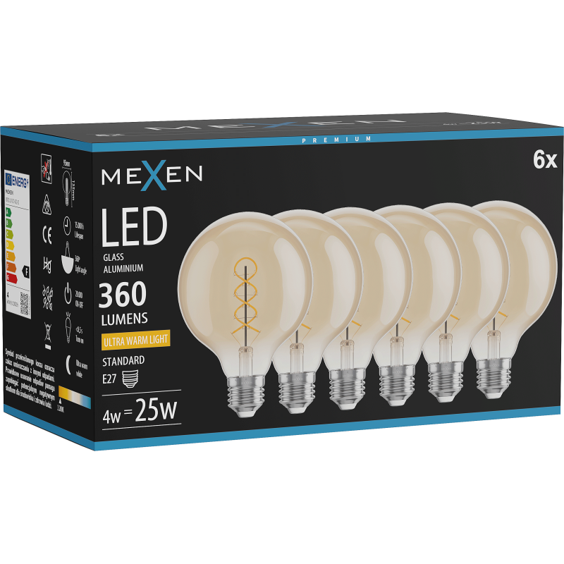 Mexen Vintis 6x Spuldze ar vītņotu pavedienu LED E27, G95, 4W, Silta - 2200K, 360 lm, dzintara krāsa - L167-E27-0422-50x06