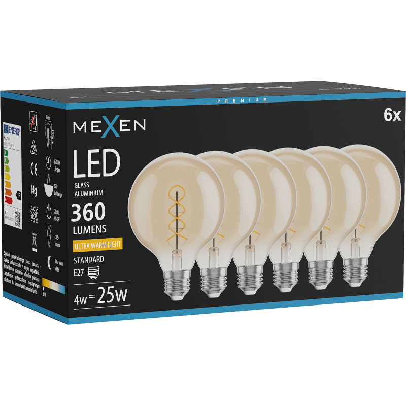 Mexen Vintis 6x żarówka filament spirala LED E27, G95, 4W, Ciepła - 2200K, 360 lm, amber - L167-E27-0422-50x06