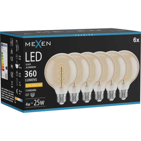 Mexen Vintis 6x LED žarnica filament spirala E27, G95, 4W, Topla - 2200K, 360 lm, jantar - L167-E27-0422-50x06