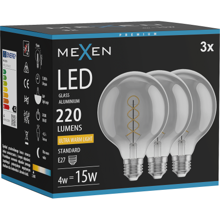 Mexen Vintis 3x LED-filamentlampa spiral E27, G95, 4W, Varm - 2200K, 220 lm, rökfärgad - L167-E27-0422-70x03