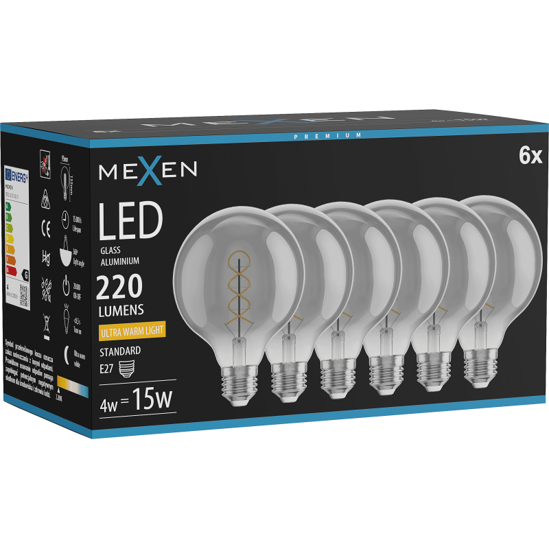 Mexen Vintis 6x Filamenta spirāles LED spuldze E27, G95, 4W, Silta - 2200K, 220 lm, dūmu - L167-E27-0422-70x06