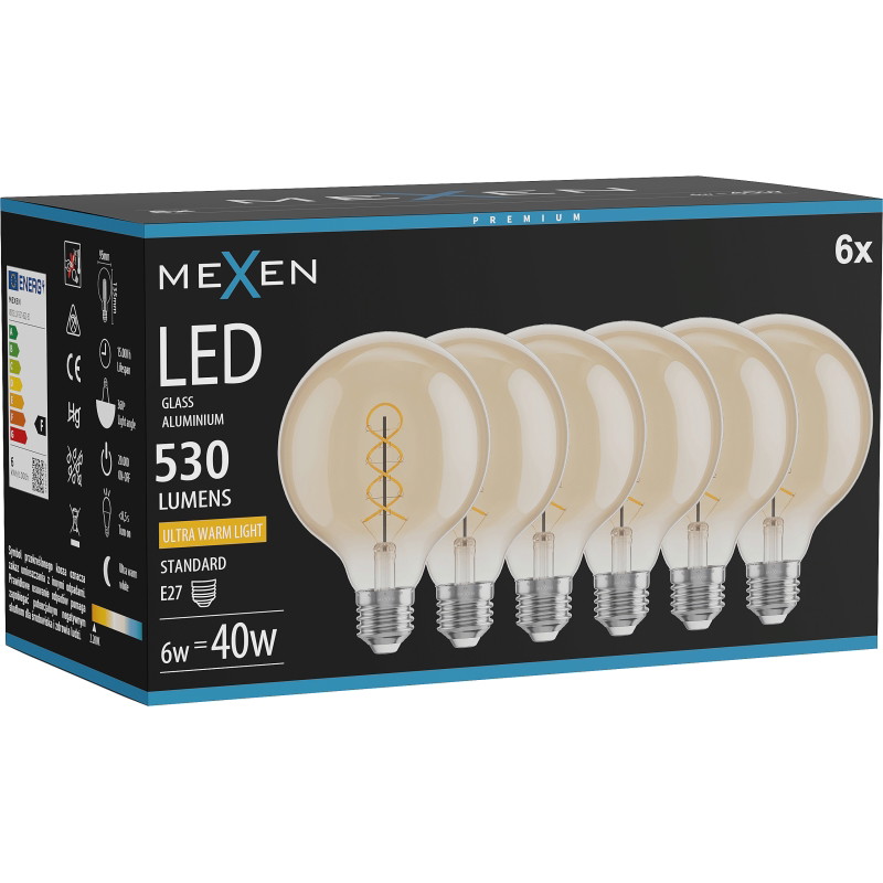 Mexen Vintis 6x Bombilla filamento espiral LED E27, G95, 6W, Cálida - 2200K, 530 lm, ámbar - L167-E27-0622-50x06