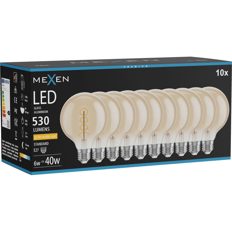 Mexen Vintis 10x Lampadina a spirale a filamento LED E27, G95, 6W, Calda - 2200K, 530 lm, ambra - L167-E27-0622-50x10
