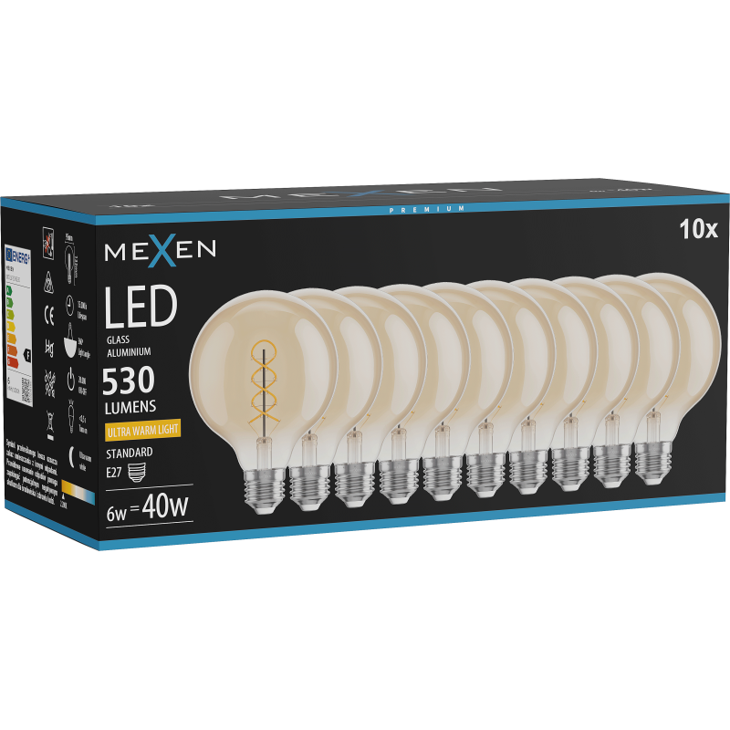 Mexen Vintis 10x LED Filament Spiral Bulb E27, G95, 6W, Warm - 2200K, 530 lm, amber - L167-E27-0622-50x10