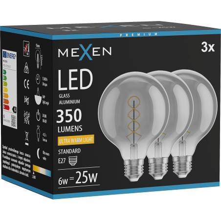 Mexen Vintis 3x LED spirāles kvēldiega spuldze E27, G95, 6W, Silta - 2200K, 350 lm, dūmu krāsas - L167-E27-0622-70x03