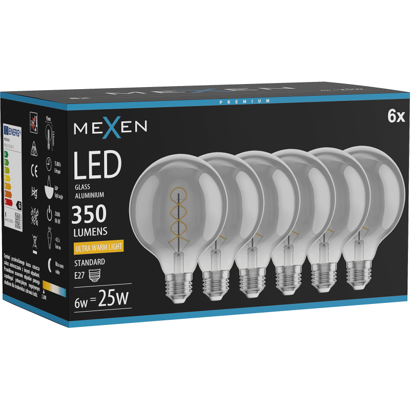 Mexen Vintis 6x LED spirālveida spuldze E27, G95, 6W, Silta - 2200K, 350 lm, dūmu - L167-E27-0622-70x06