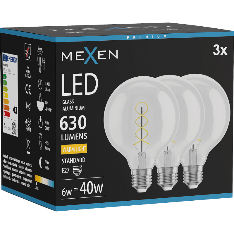 Mexen Vintis 3x Λάμπα LED νήματος σπείρας Ε27, G95, 6W, Θερμό - 2700K, 630 lm, διάφανο