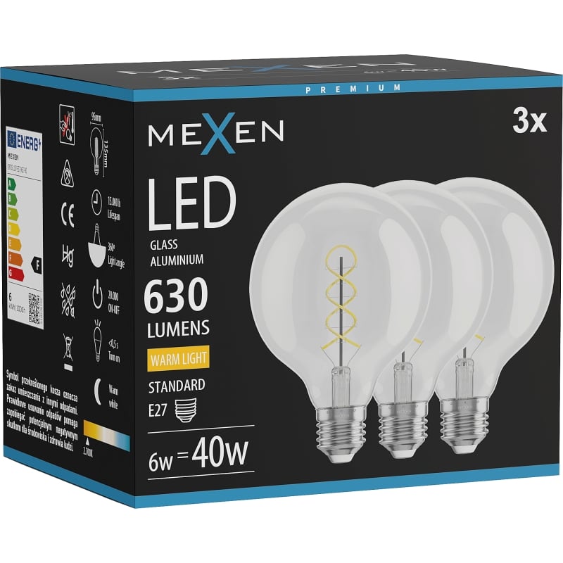 Mexen Vintis 3x Lampadina a spirale a filamento LED E27, G95, 6W, Calda - 2700K, 630 lm, trasparente - L167-E27-0627-00x03