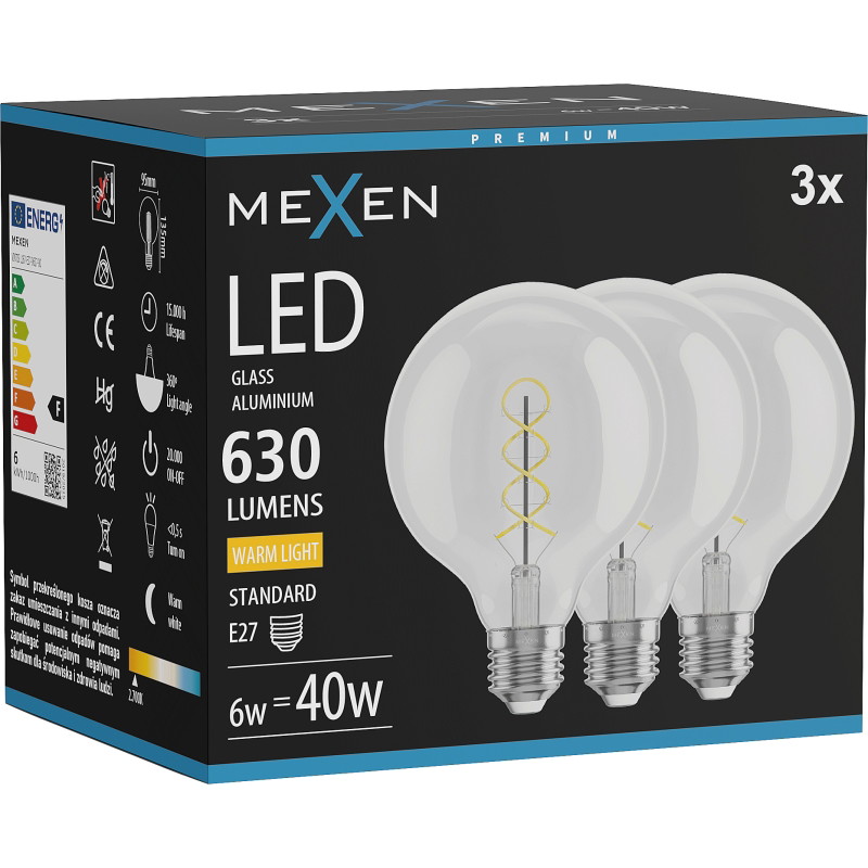 Mexen Vintis 3x LED filament spiraal gloeilamp E27, G95, 6W, Warm - 2700K, 630 lm, helder - L167-E27-0627-00x03