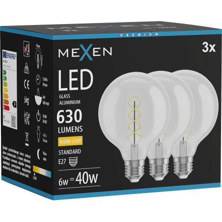Mexen Vintis 3x LED spuldzes spirāle ar kvēldiegu E27, G95, 6W, Silta - 2700K, 630 lm, dzidrs - L167-E27-0627-00x03