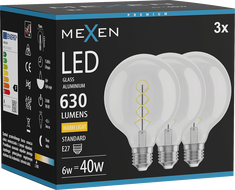 Mexen Vintis 3x LED filament-spiraallamp E27, G95, 6W, Soe - 2700K, 630 lm, läbipaistev - L167-E27-0627-00x03