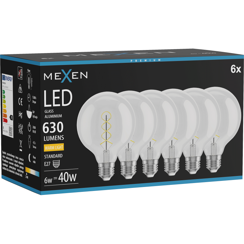 Mexen Vintis 6x LED-Filament-Glühlampe Spirale E27, G95, 6W, Warm - 2700K, 630 lm, klar - L167-E27-0627-00x06