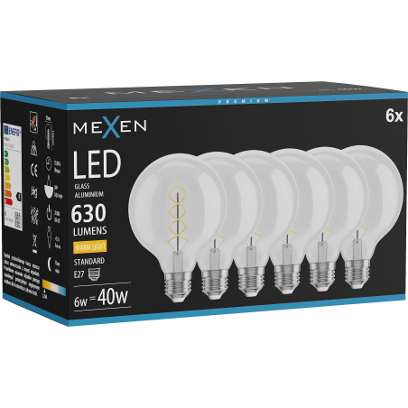 Mexen Vintis 6x LED-filament-lampa spiral E27, G95, 6W, Varm - 2700K, 630 lm, klar - L167-E27-0627-00x06