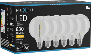 Mexen Vintis 6x LED-Filament-Glühlampe Spirale E27, G95, 6W, Warm - 2700K, 630 lm, klar - L167-E27-0627-00x06