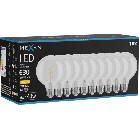 Mexen Vintis 10x LED-filamentlampa spiral E27, G95, 6W, Varm - 2700K, 630 lm, klar - L167-E27-0627-00x10
