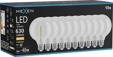 Mexen Vintis 10x LED filament spiraallamp E27, G95, 6W, Soe - 2700K, 630 lm, läbipaistev - L167-E27-0627-00x10