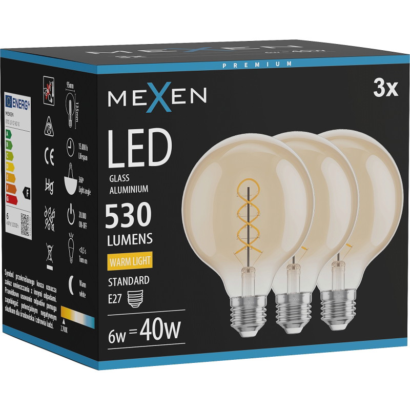 Mexen Vintis 3x Lämmin - 2700K, 530 lm, meripihka, Filamenttikierre LED-lamppu E27, G95, 6W - L167-E27-0627-50x03