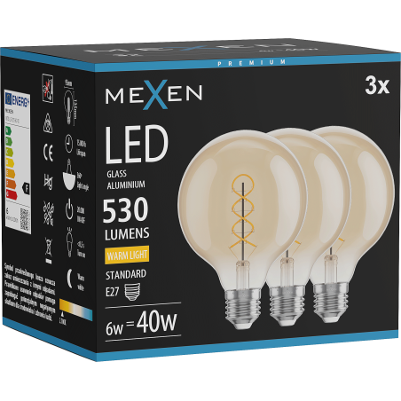 Mexen Vintis 3x LED-filamentspirallampa E27, G95, 6W, Varm - 2700K, 530 lm, amber - L167-E27-0627-50x03