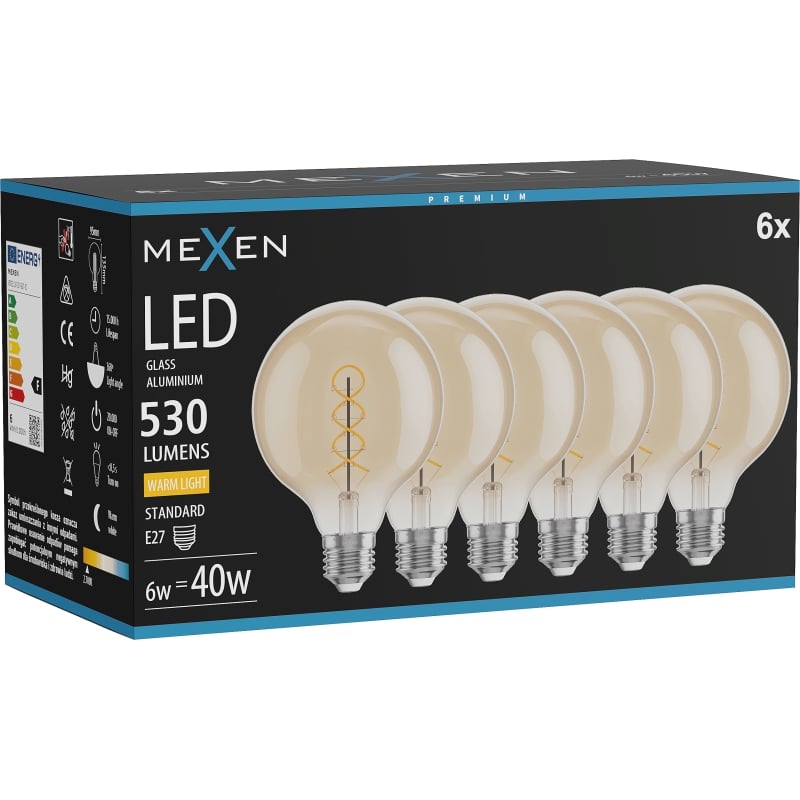 Mexen Vintis 6x LED-filamentspirallampa E27, G95, 6W, Varm - 2700K, 530 lm, amber - L167-E27-0627-50x06