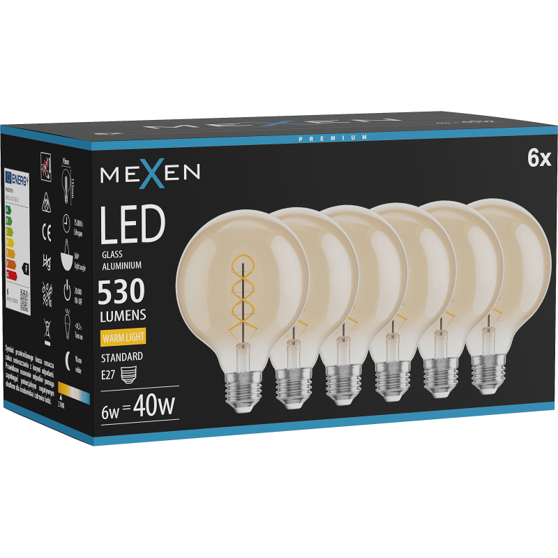 Mexen Vintis 6x LED šķiedru spirāles spuldze E27, G95, 6W, Silta - 2700K, 530 lm, dzintars - L167-E27-0627-50x06