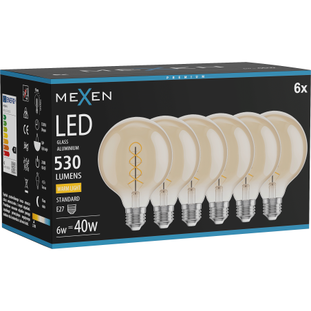 Mexen Vintis 6x Filament-LED-Birne Spirale E27, G95, 6W, Warm - 2700K, 530 lm, bernstein - L167-E27-0627-50x06