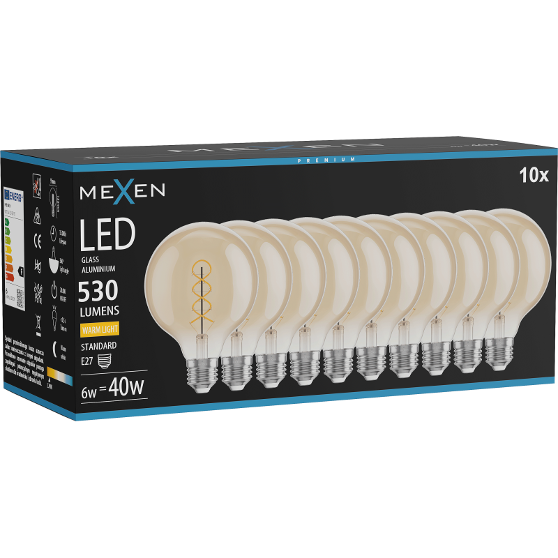 Mexen Vintis 10x żarówka filament spirala LED E27, G95, 6W, Ciepła - 2700K, 530 lm, amber - L167-E27-0627-50x10