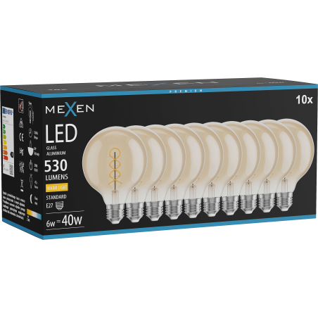 Mexen Vintis 10x LED kvēlspuldzes spirāles E27, G95, 6W, Silta - 2700K, 530 lm, dzintars - L167-E27-0627-50x10