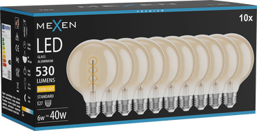 Mexen Vintis 10x Ledilambi filament spiraal LED E27, G95, 6W, Soe - 2700K, 530 lm, merevaik - L167-E27-0627-50x10