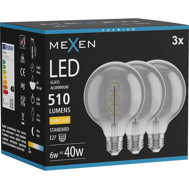 Mexen Vintis 3x LED spuldze ar pavedienu spirāli E27, G95, 6W, Silts - 2700K, 510 lm, dūmaka - L167-E27-0627-70x03