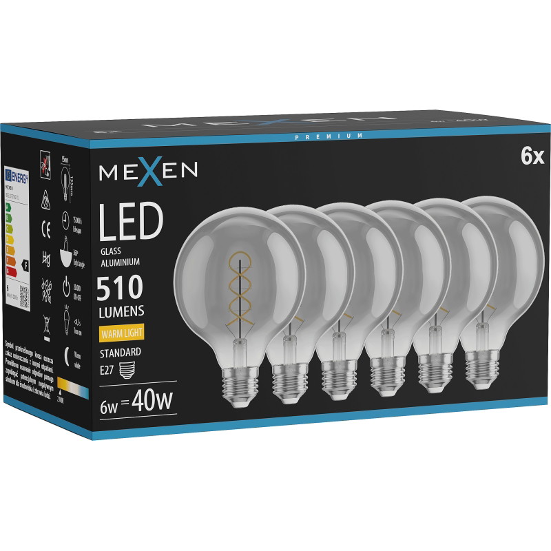 Mexen Vintis 6x Lampadina a filamento spirale LED E27, G95, 6W, Calda - 2700K, 510 lm, fumé - L167-E27-0627-70x06