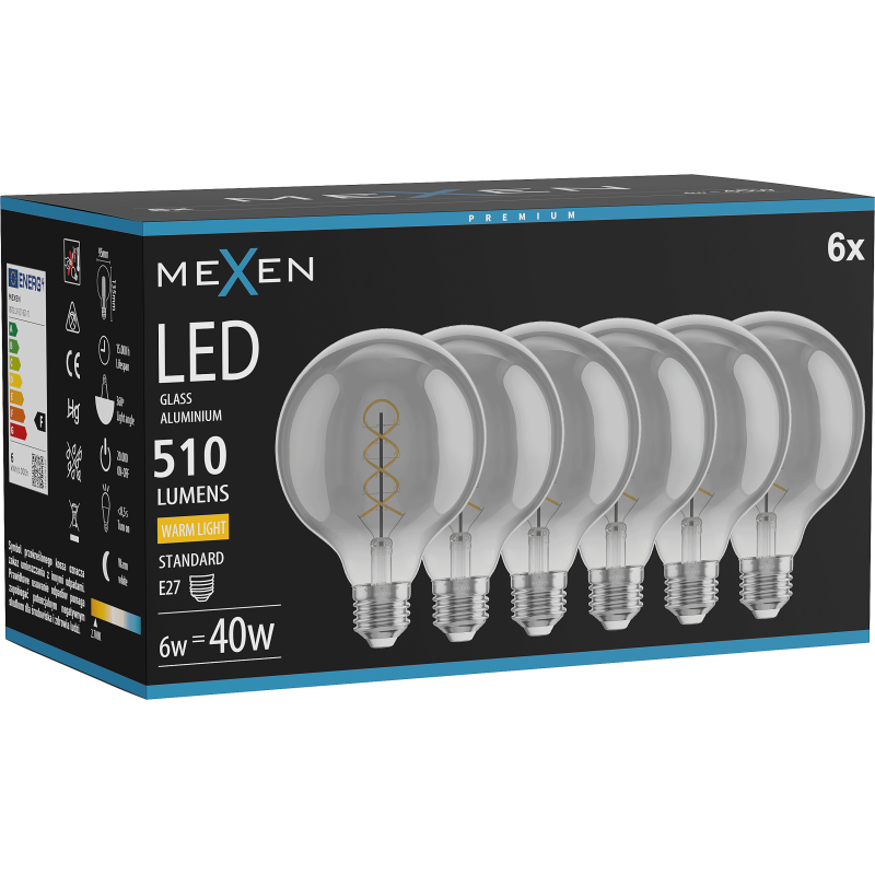 Mexen Vintis 6x Spirāles LED filamenta spuldze E27, G95, 6W, Silta - 2700K, 510 lm, smoke - L167-E27-0627-70x06