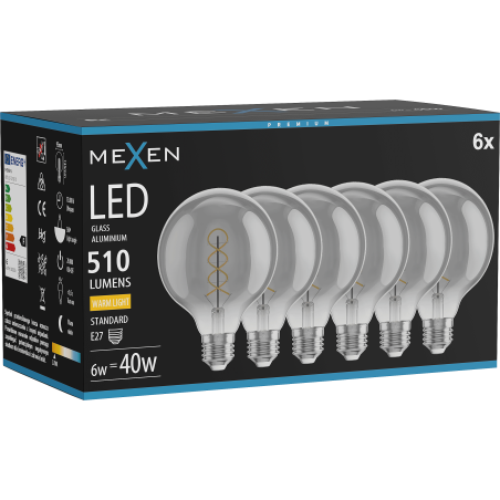 Mexen Vintis 6x Filament spiral LED-glödlampa E27, G95, 6W, Varm - 2700K, 510 lm, rökfärgad - L167-E27-0627-70x06