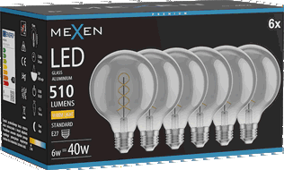 Mexen Vintis 6x Spirāles LED filamenta spuldze E27, G95, 6W, Silta - 2700K, 510 lm, smoke - L167-E27-0627-70x06