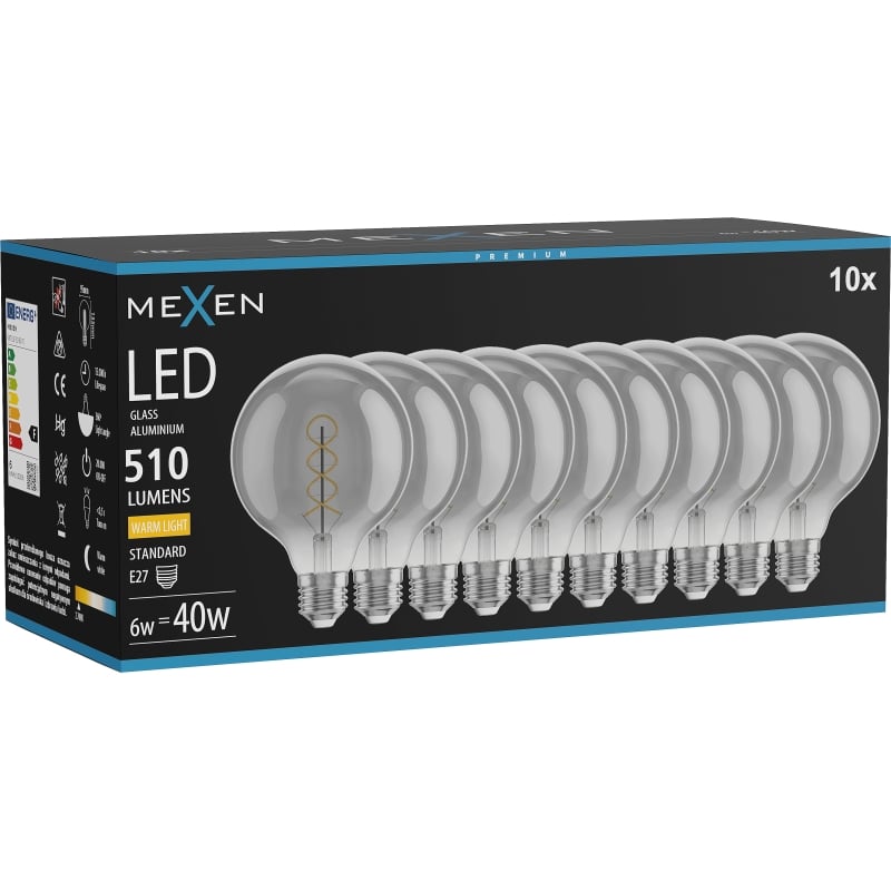 Mexen Vintis 10x LED filament spiraallamp E27, G95, 6W, Warm - 2700K, 510 lm, smoke - L167-E27-0627-70x10