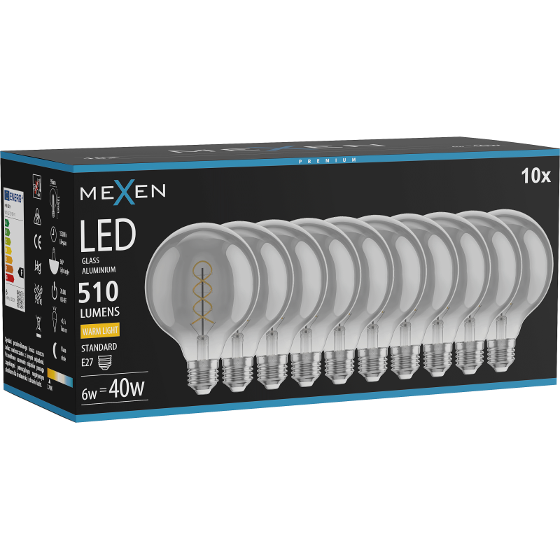 Mexen Vintis 10x LED filamenta spirāles spuldze E27, G95, 6W, Silta - 2700K, 510 lm, dūmu - L167-E27-0627-70x10