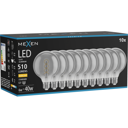 Mexen Vintis 10x LED filamenta spirāles spuldze E27, G95, 6W, Silta - 2700K, 510 lm, dūmu - L167-E27-0627-70x10