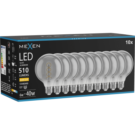 Mexen Vintis 10x LED-filamentlampa spiral E27, G95, 6W, Varm - 2700K, 510 lm, rökfärgad - L167-E27-0627-70x10