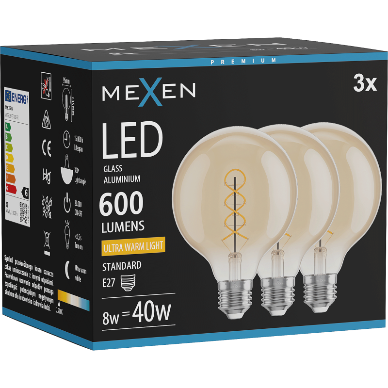 Mexen Vintis 3x LED žarnica filament spirala E27, G95, 8W, Topla - 2200K, 600 lm, amber - L167-E27-0822-50x03