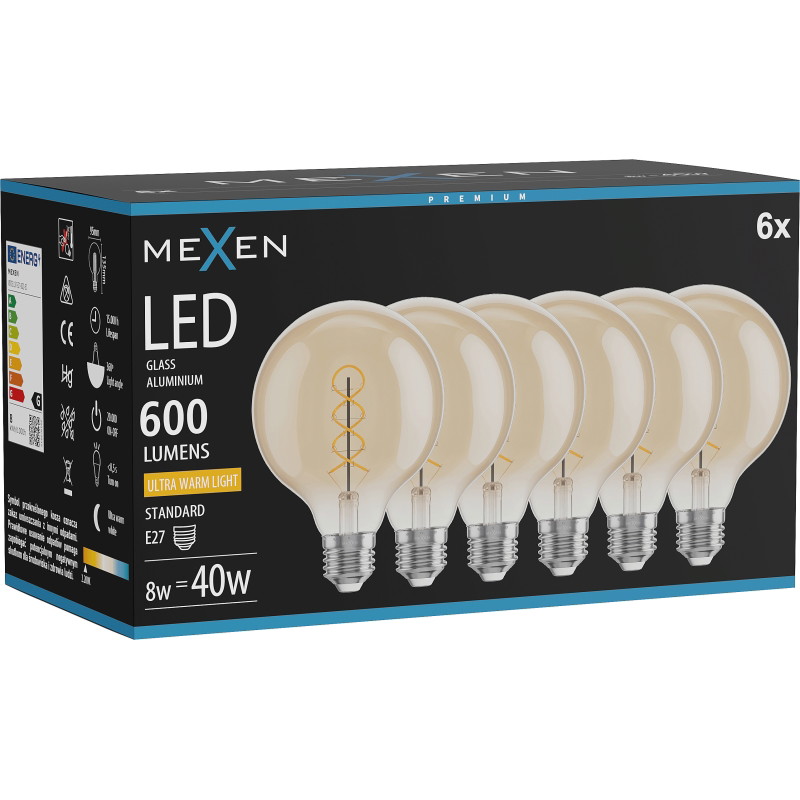 Mexen Vintis 6x Filament-LED spiraalilamppu E27, G95, 8W, Lämmin - 2200K, 600 lm, meripihka - L167-E27-0822-50x06