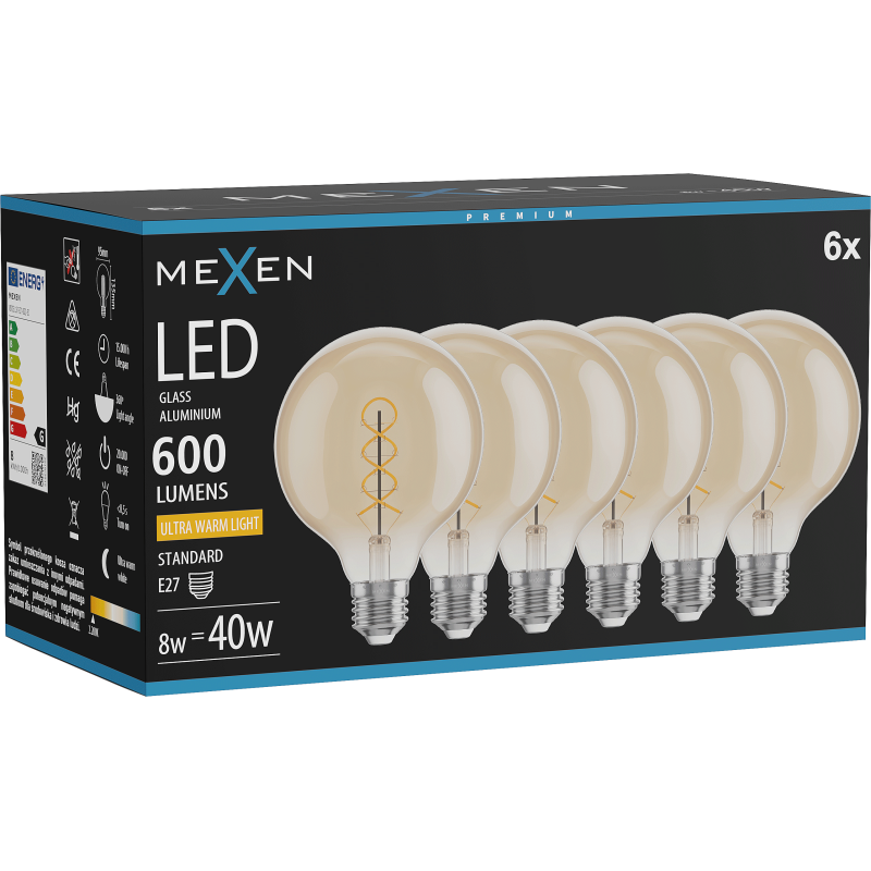 Mexen Vintis 6x Spuldze ar filamenta spirāli LED E27, G95, 8W, Silta - 2200K, 600 lm, dzintara - L167-E27-0822-50x06