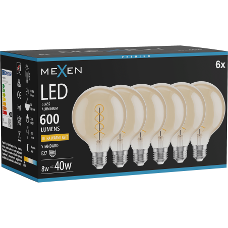 Mexen Vintis 6x Λάμπα νήματος σπείρας LED E27, G95, 8W, Θερμή - 2200K, 600 lm, κεχριμπάρι
