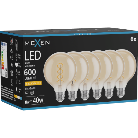 Mexen Vintis 6x LED-filamentlampa spiral E27, G95, 8W, Varm - 2200K, 600 lm, amber - L167-E27-0822-50x06