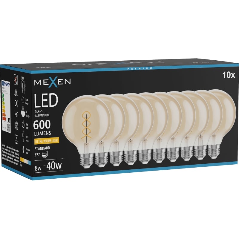 Mexen Vintis 10x LED-filamentglödlampa spiral E27, G95, 8W, Varm - 2200K, 600 lm, bärnsten - L167-E27-0822-50x10