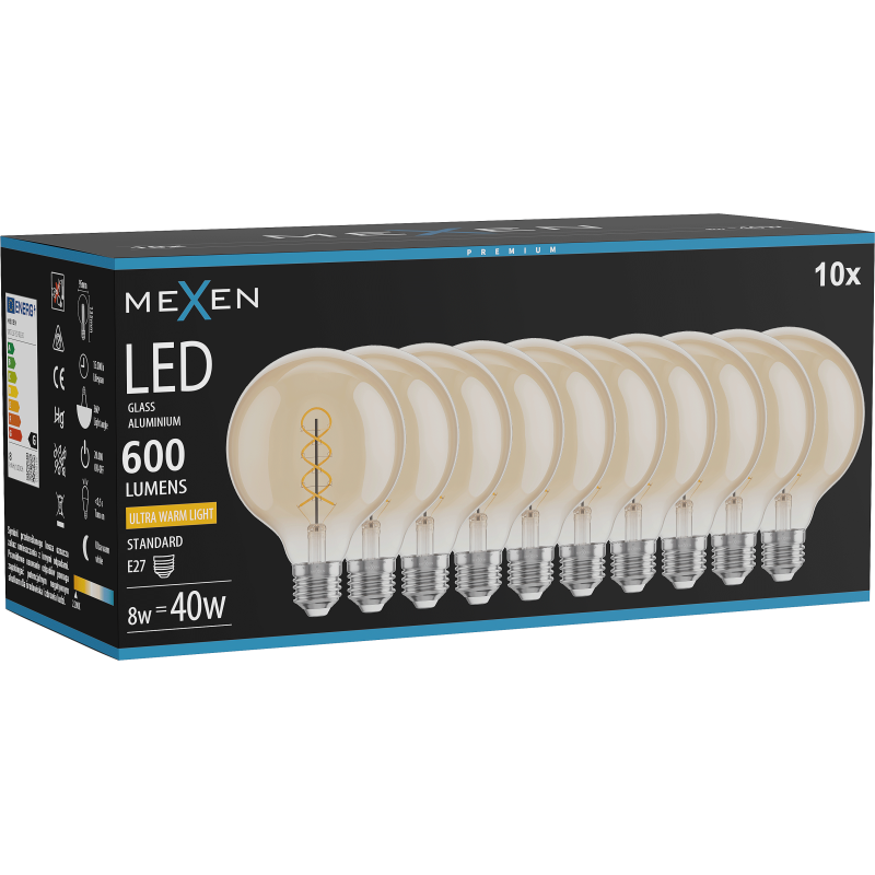 Mexen Vintis 10x LED Spiral Filament Bulb E27, G95, 8W, Warm - 2200K, 600 lm, amber - L167-E27-0822-50x10